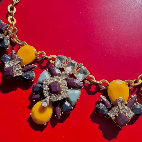 J Crew Art Deco Statement Necklace Blue, Purple, Yellow, Rhinestone Gold Tone - Picture 3 of 10